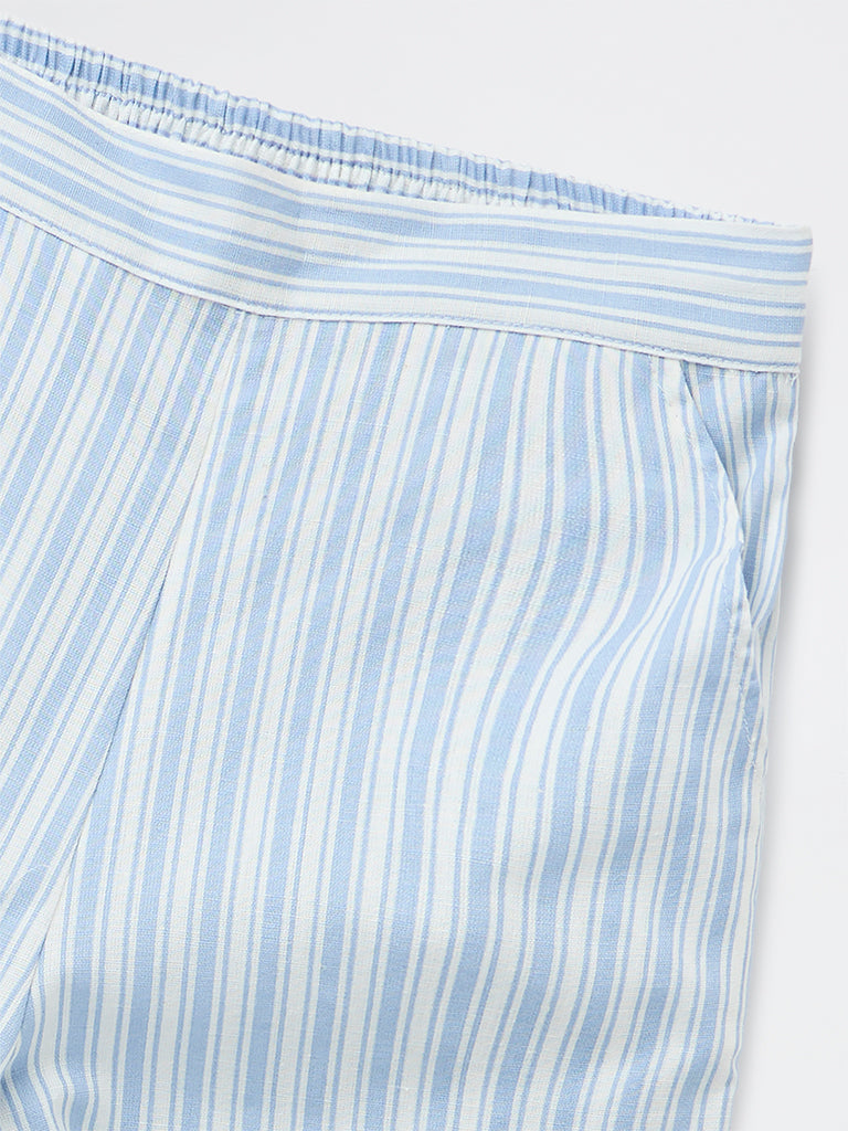 Utsa Kids Girls Light Blue Striped Mid-Rise Cotton-Blend Pants - (8-14 yrs)