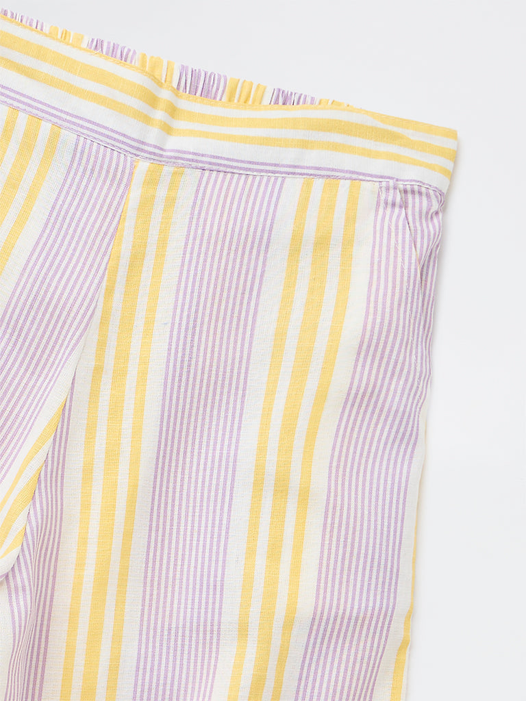 Utsa Kids Girls Lilac Striped Mid-Rise Cotton-Blend Pants - (8-14 yrs)