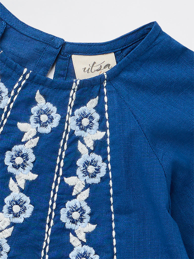 Utsa Kids Girls Indigo Embroidered Cotton Top - (8-14 yrs)