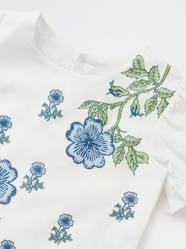 Utsa Kids Girls White Floral Printed Cotton-Blend Top - (8-14 yrs)