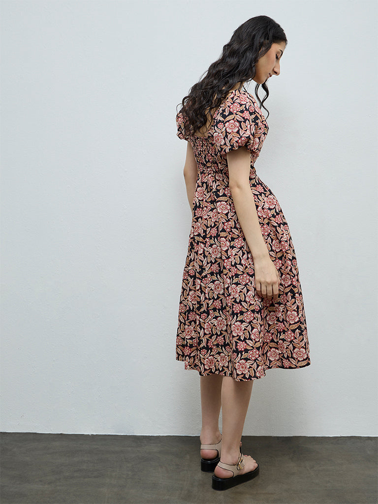 Bombay Paisley Black Floral Design Cotton A-Line Dress