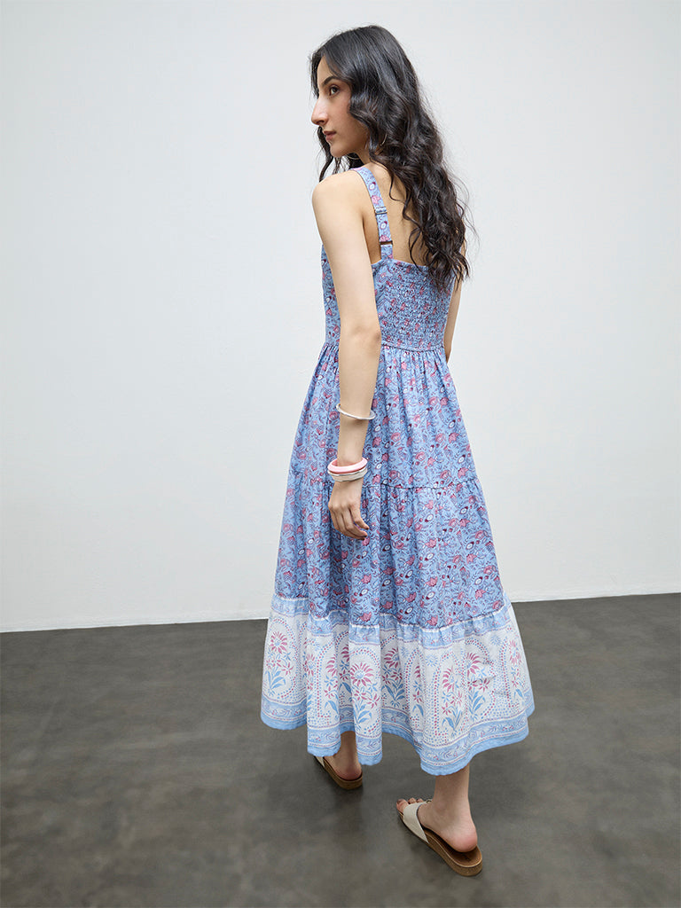 Bombay Paisley Blue Floral Cotton Tiered Dress