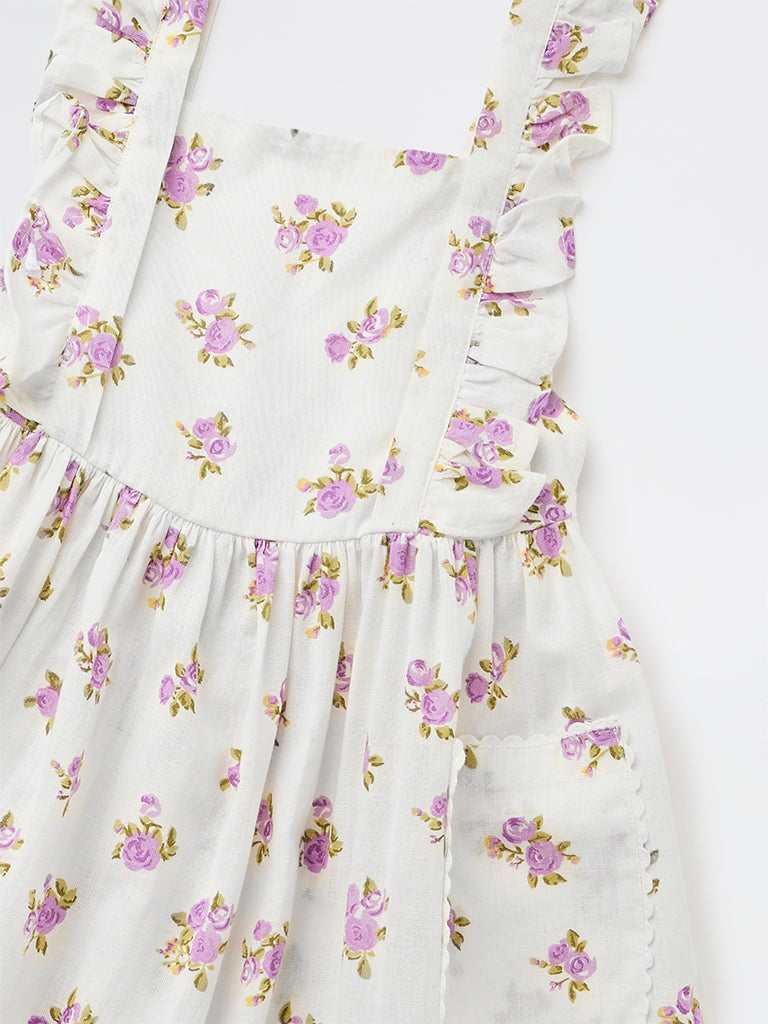 Utsa Kids Girls Off-White Floral Printed A-Line Cotton-Blend Dress - (2-8 yrs)