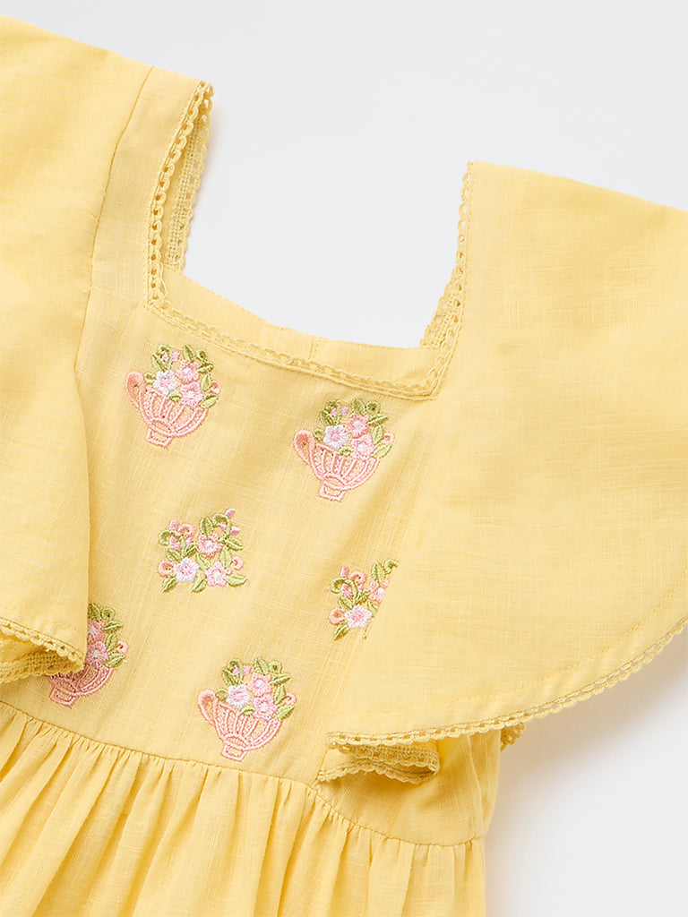 Utsa Kids Girls Yellow Embroidered A-Line Cotton Dress - (2-8 yrs)