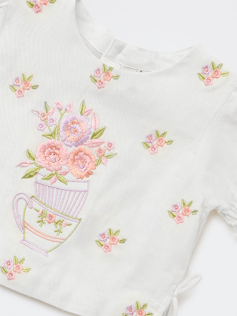 Utsa Kids Girls White Embroidered Cotton-Blend Top - (2-8 yrs)