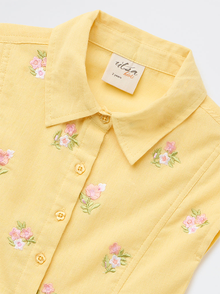 Utsa Kids Girls Yellow Embroidered Cotton-Blend Top - (2-8 yrs)