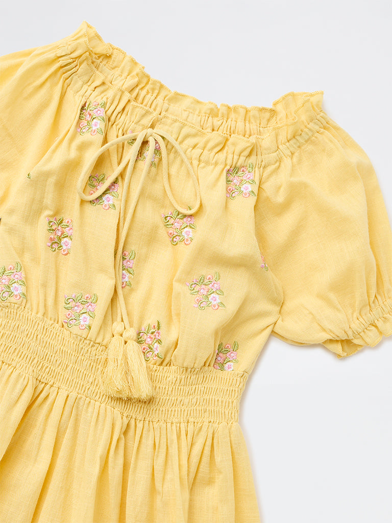 Utsa Kids Girls Yellow Floral Embroidered A-Line Cotton Dress