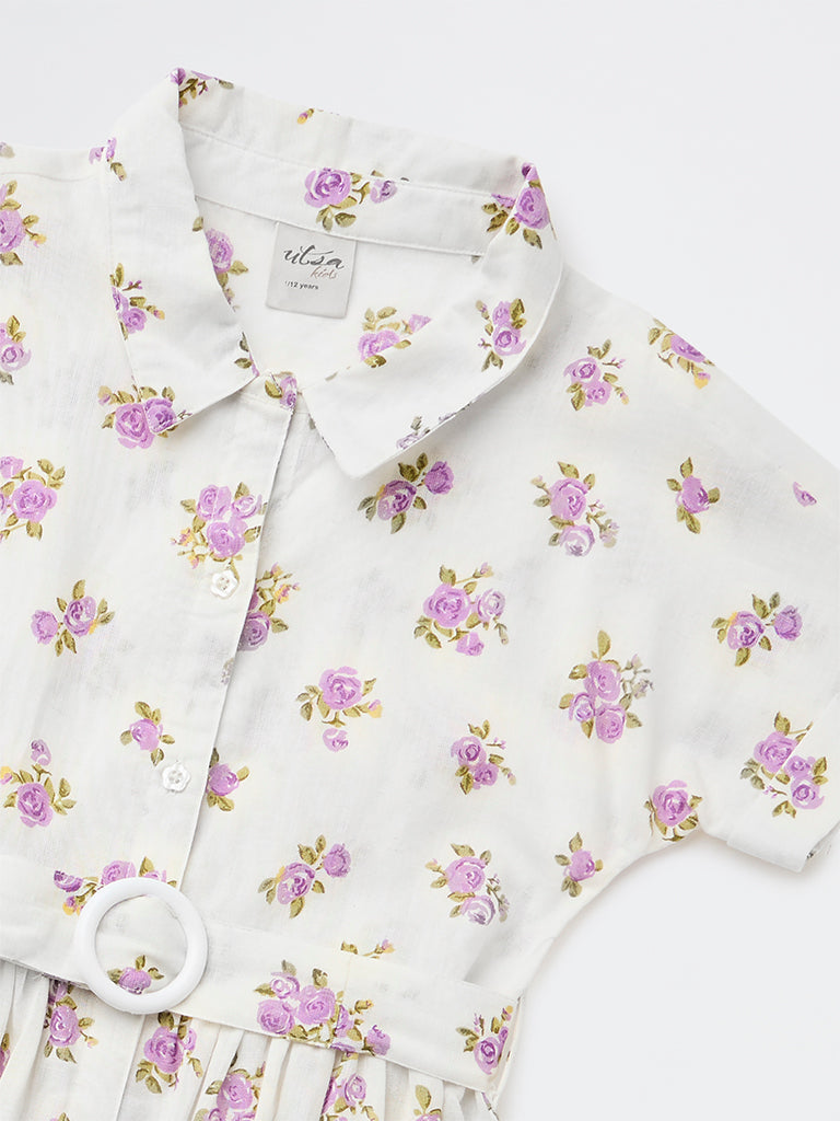 Utsa Kids Girls White Floral Printed A-Line Cotton-Blend Dress - (8-14 yrs)
