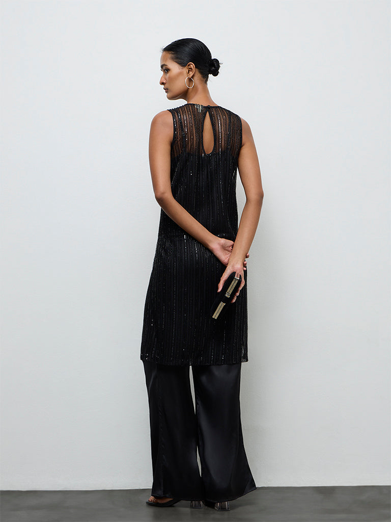Vark Black Embellished Straight Ethnic Set with a Camisole