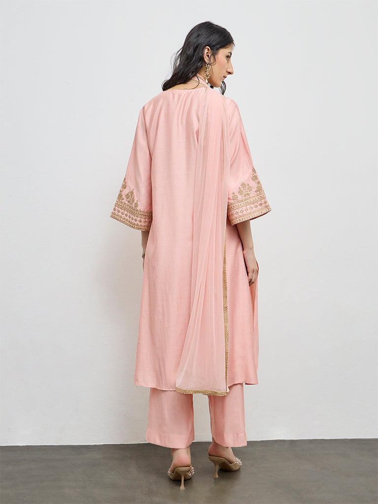 Vark Peach Embroidered A-Line Ethnic Set