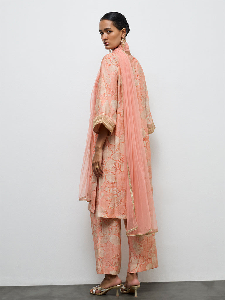 Vark Peach Floral Printed A-Line Ethnic Set