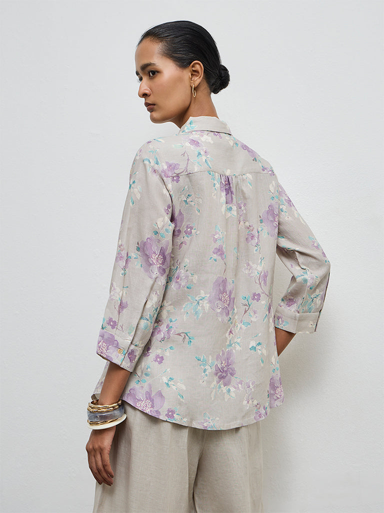Zuba Beige Floral Pattern Linen Tunic