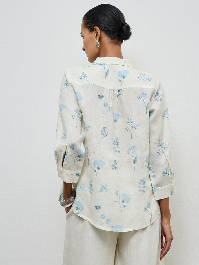 Zuba Off-White Floral Pattern Linen Tunic