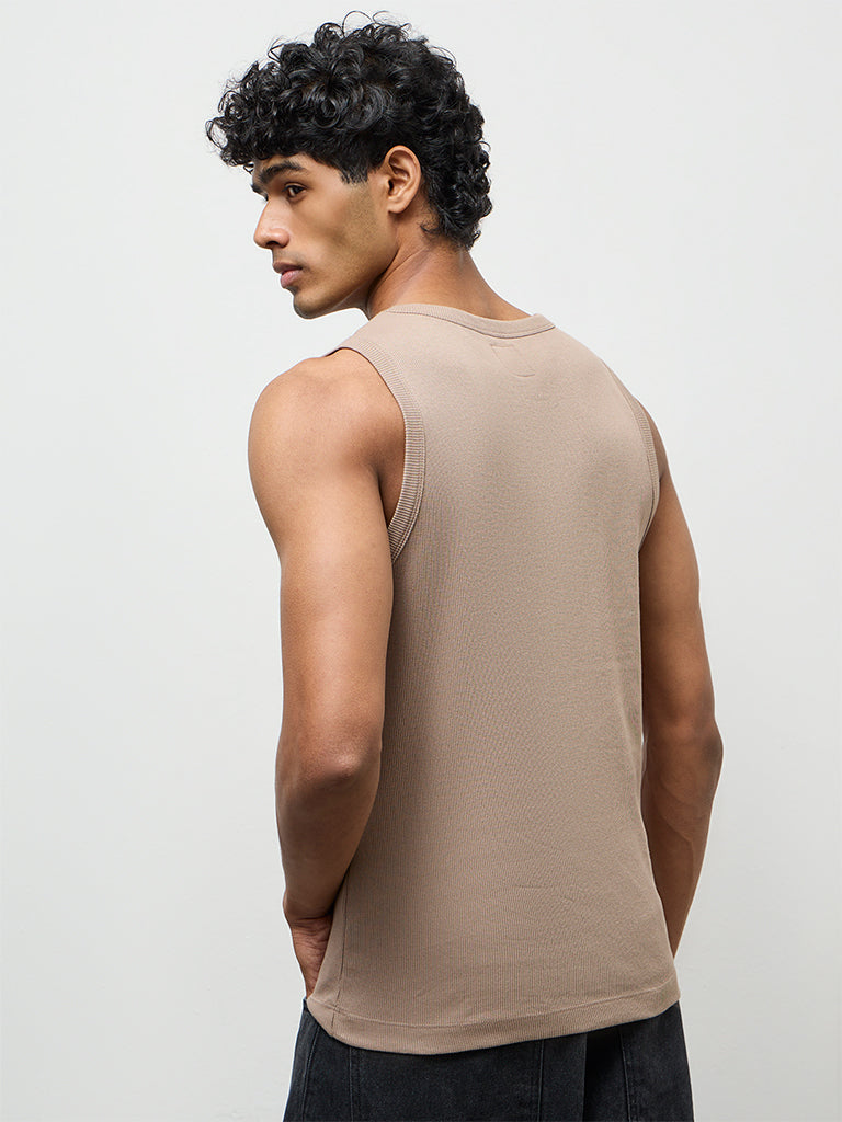 Nuon Taupe Ribbed-Textured Slim-Fit Cotton-Blend T-Shirt