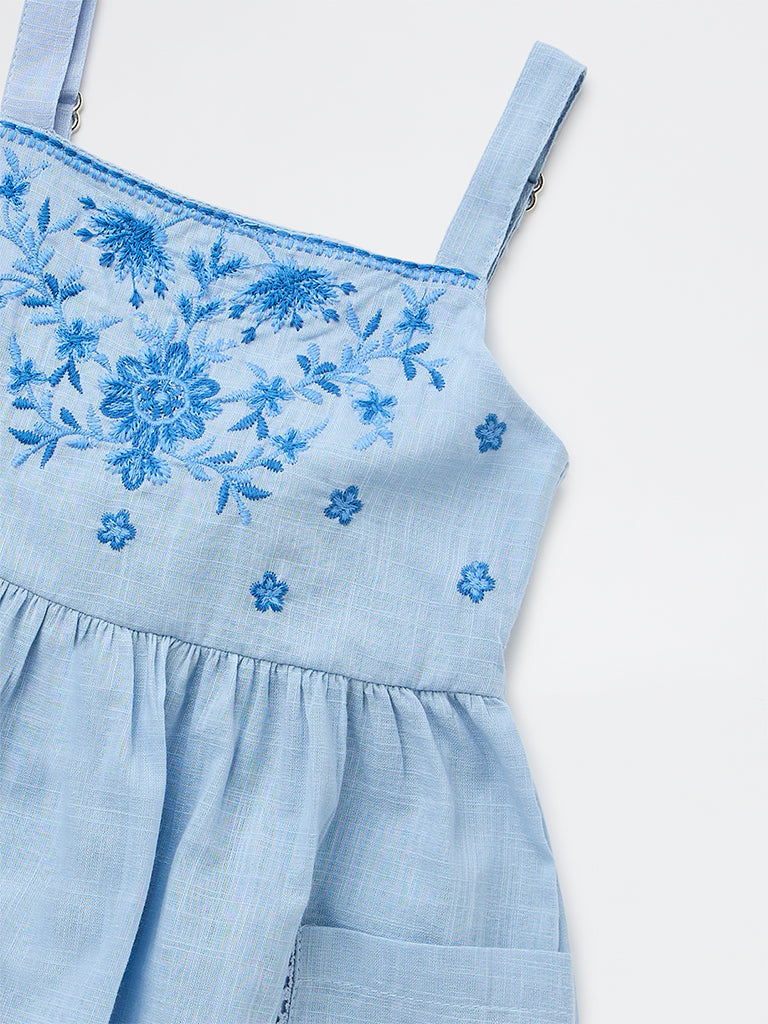 Utsa Kids Girls Light Blue Embroidered A-Line Cotton Dress - (2-8 yrs)