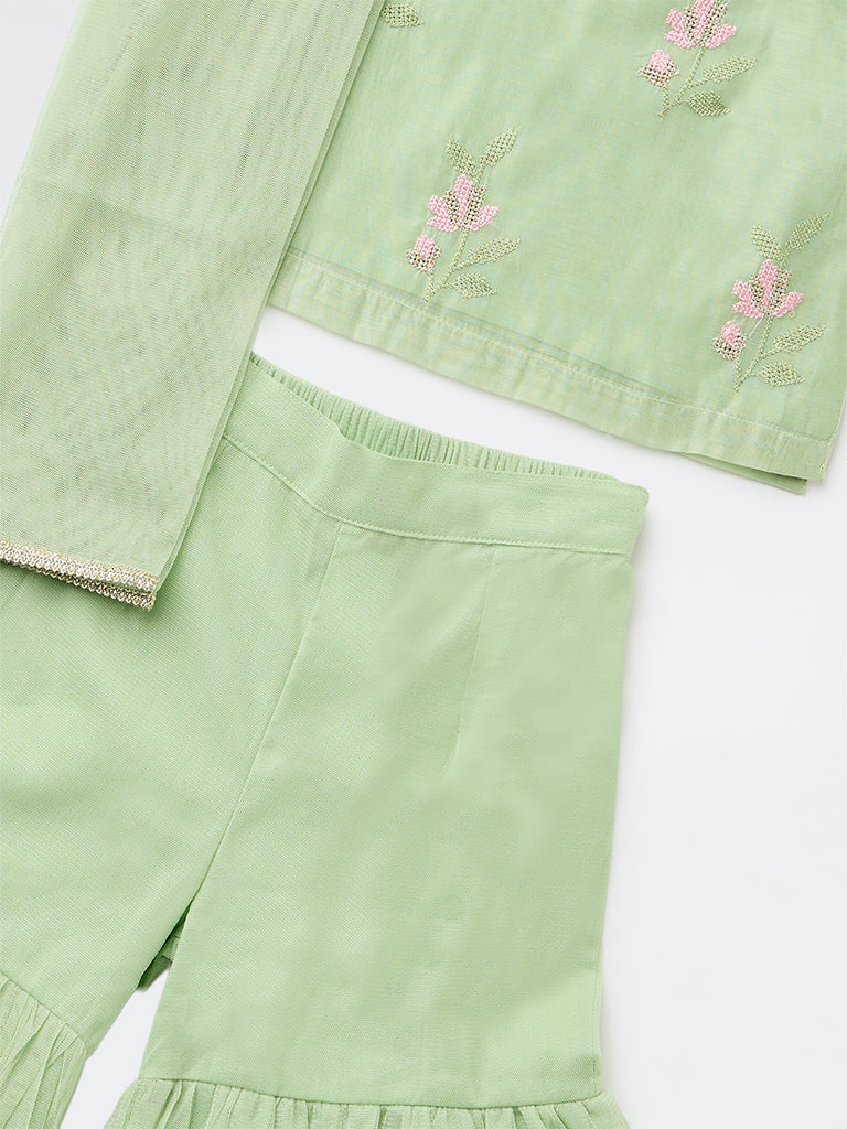 Utsa Kids Girls Mint Embroidered A-Line Kurta and Sharara Set - (2-8 years)