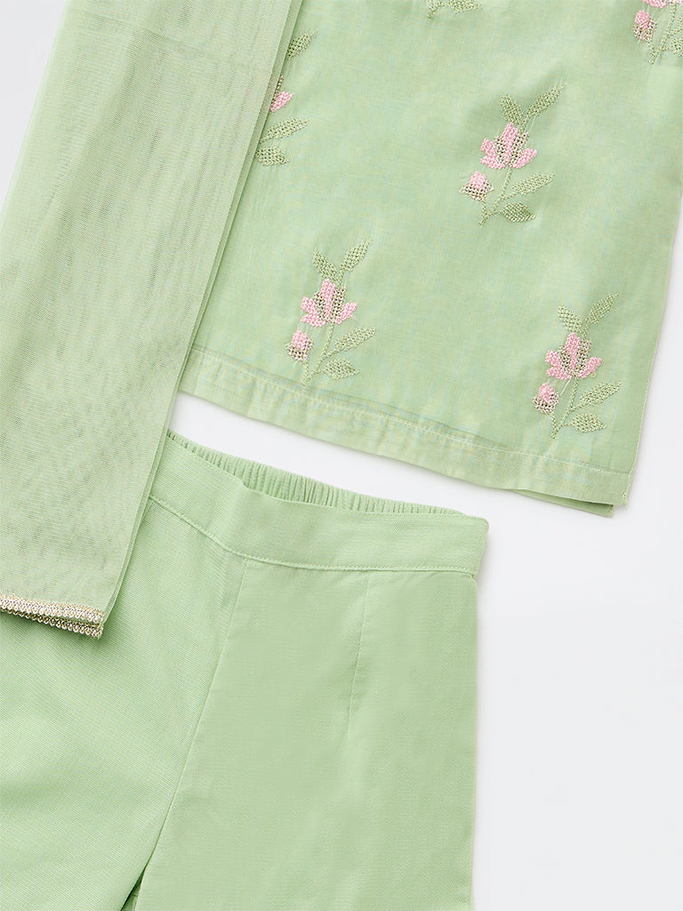Utsa Kids Girls Mint Embroidered A-Line Kurta and Sharara Set - (8-14 years)