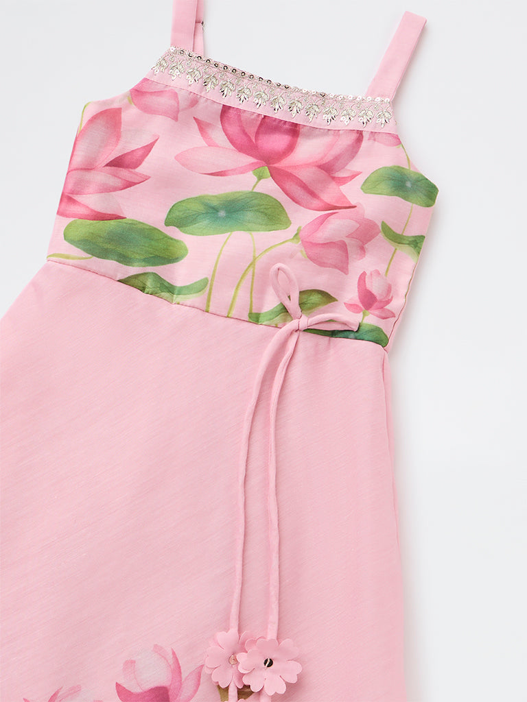 Utsa Kids Girls Pink Floral Printed A-Line Dress - (2-8 years)