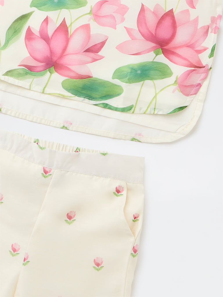 Utsa Kids Girls Off-White Floral Printed Blouse and Pants Set - (2-8 years)