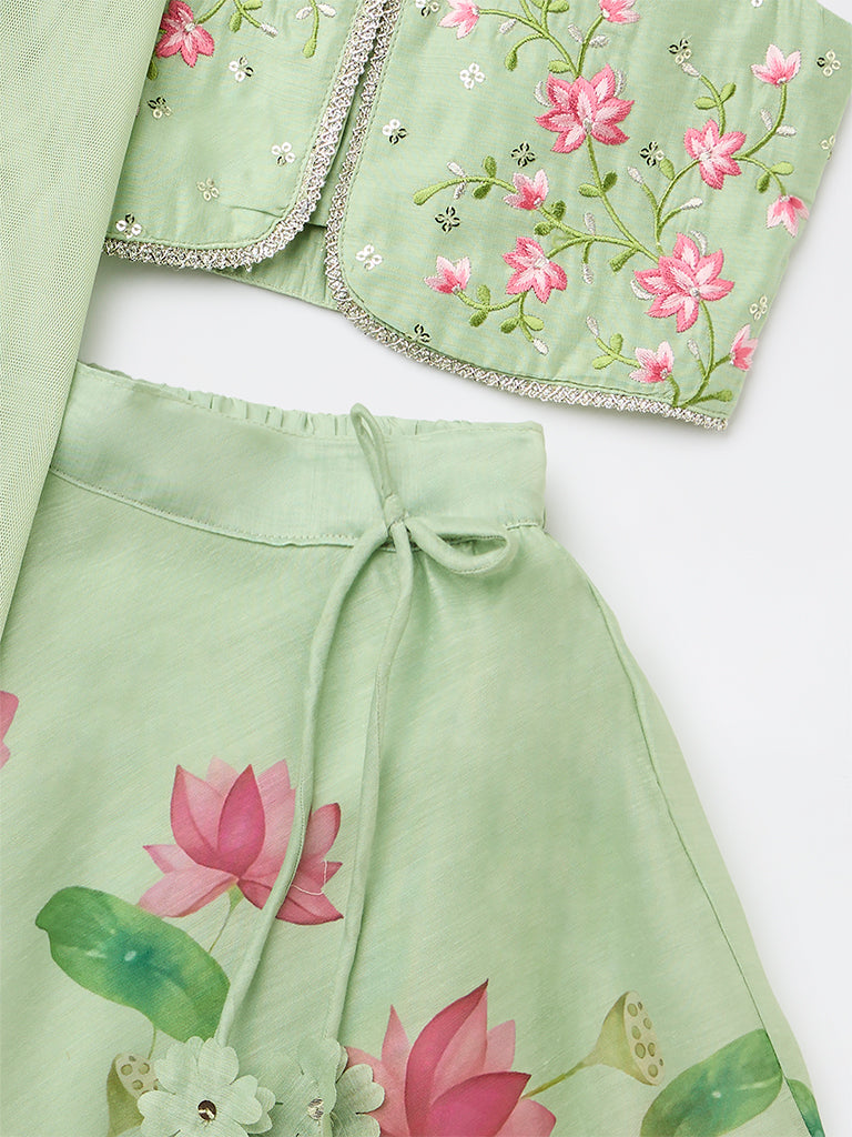 Utsa Kids Girls Mint Floral Printed Top Skirt and Dupatta Set - (2-8 years)