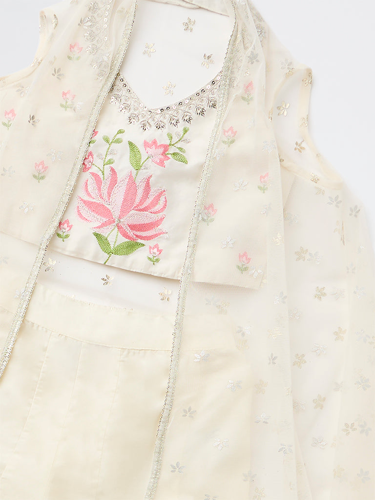 Utsa Kids Girls Off-White Floral Embroidered Top Palazzo and Shrug Set - (2-8 years)