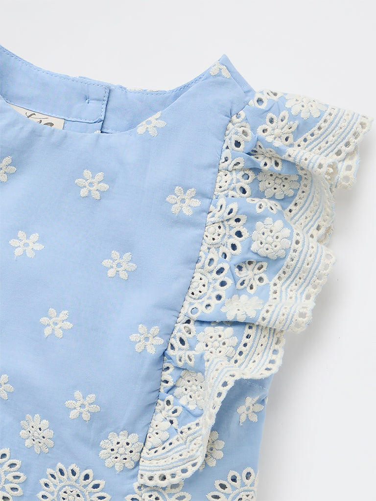 Utsa Kids Girls Blue Embroidered Cotton Top - (2-8 yrs)