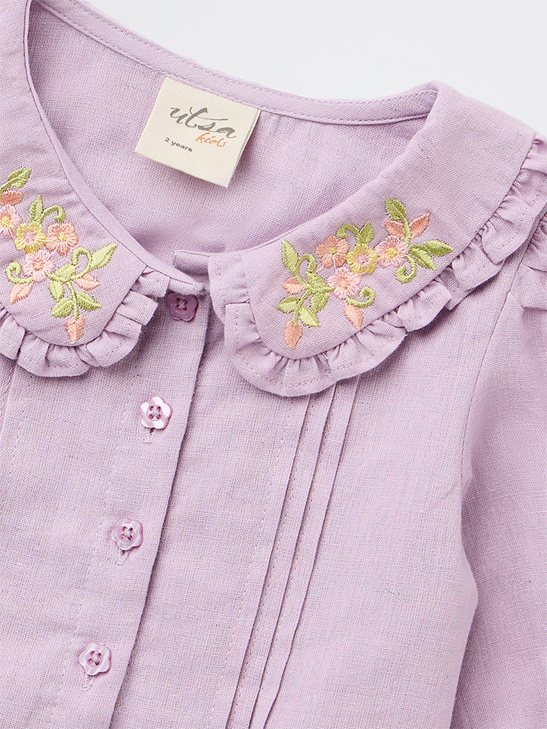 Utsa Kids Girls Lilac Embroidered Cotton-Blend Top - (2-8 yrs)