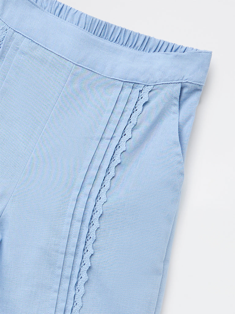 Utsa Kids Girls Blue Embroidered High-Rise Cotton-Blend Pants - (8-14 yrs)