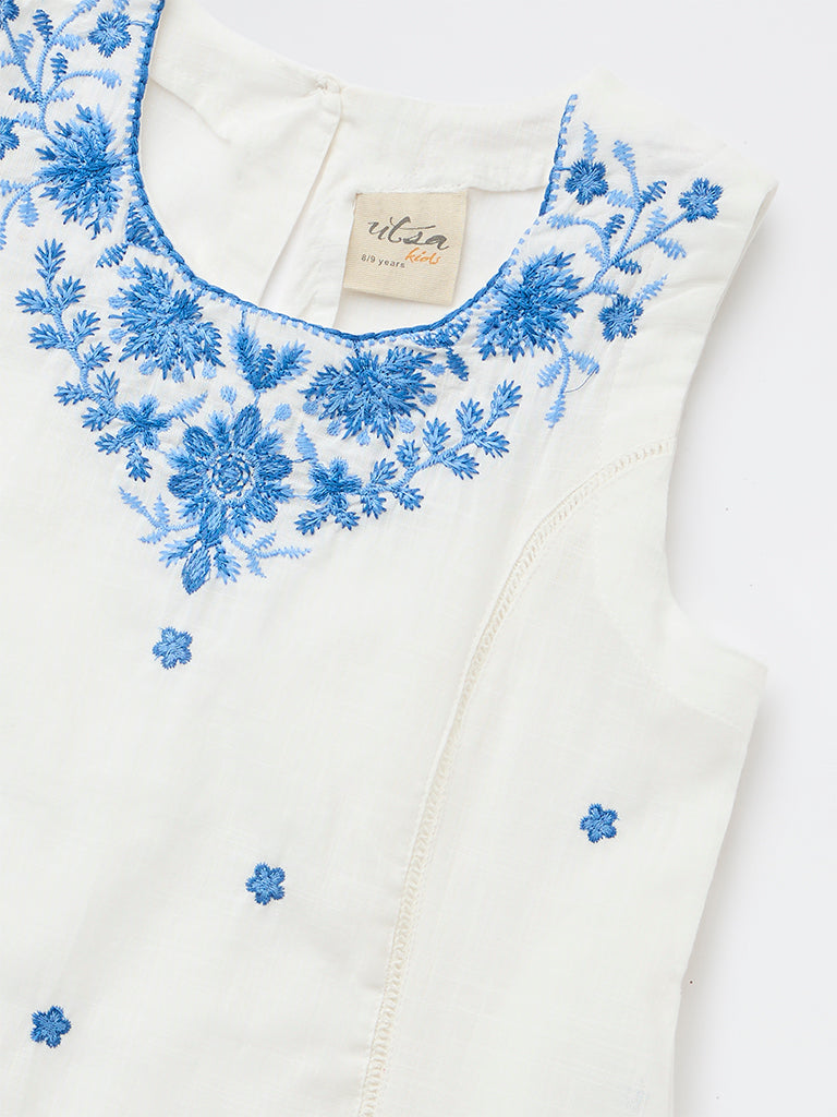 Utsa Kids Girls White Embroidered A-Line Cotton Dress- (8-14 yrs)