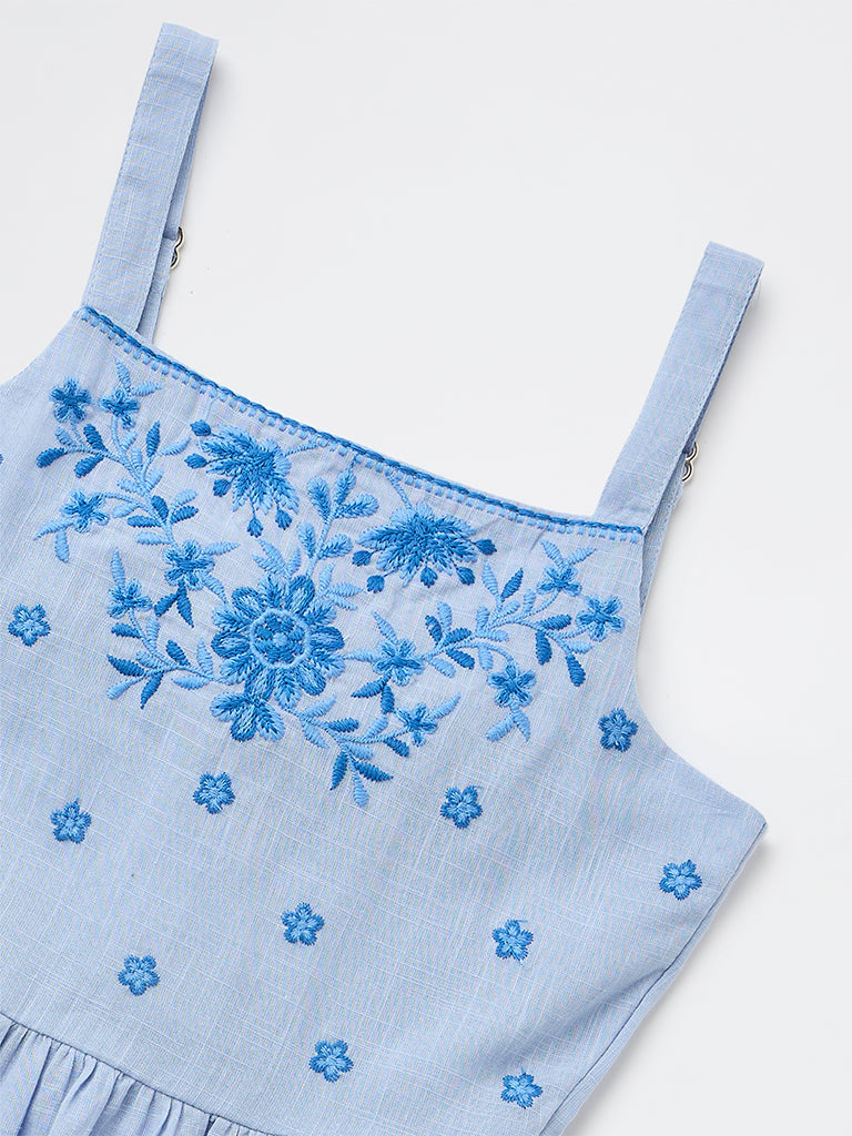 Utsa Kids Girls Blue Embroidered A-Line Cotton Dress - (8-14 yrs)