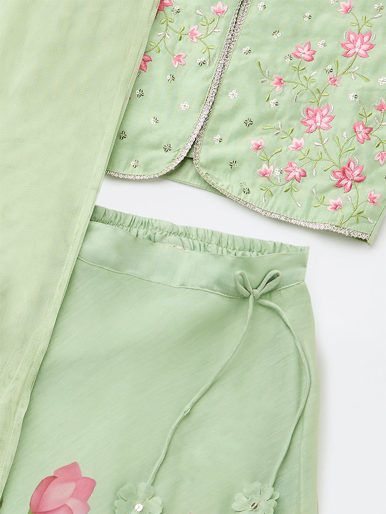 Utsa Kids Girls Mint Floral Printed Top Skirt and Dupatta Set - (8-14 years)