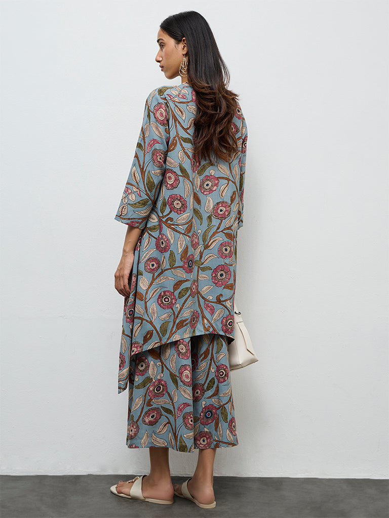 Utsa Dusty Blue Foliage Printed A-Line Kurta