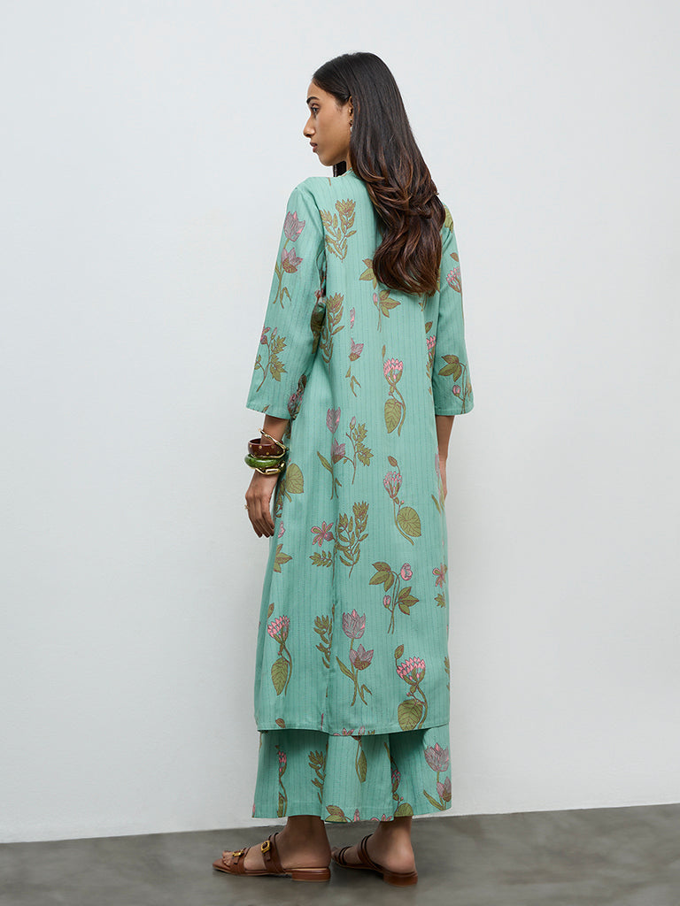 Utsa Aqua Botanical Design A-Line Kurta