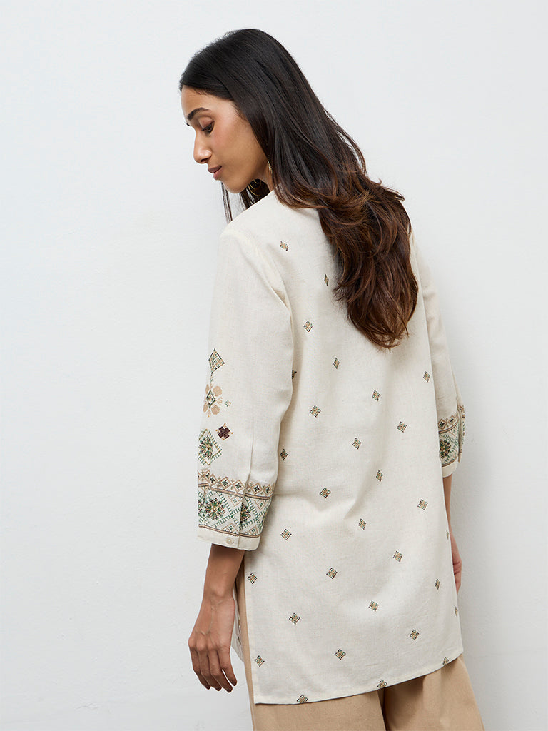 Utsa Off-White Aztec Embroidered Cotton-Blend Tunic