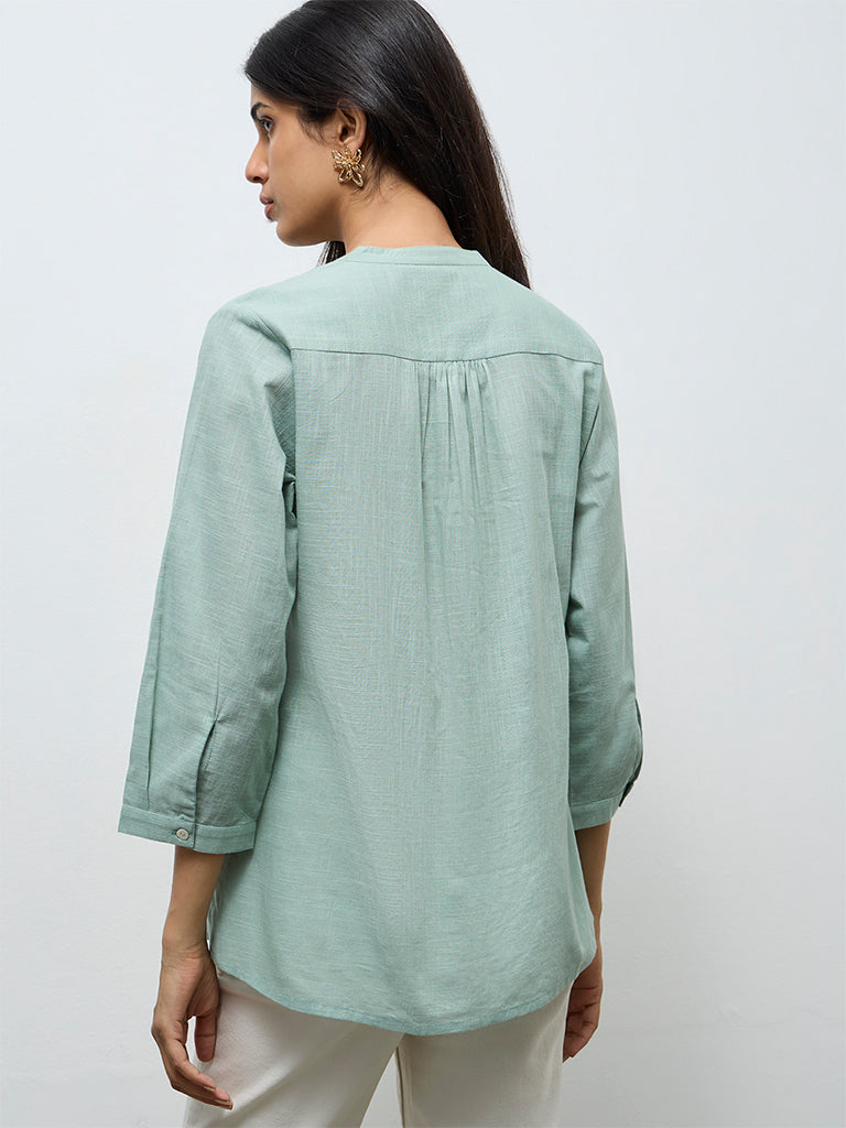 Utsa Mint Floral Embroidered Cotton Tunic