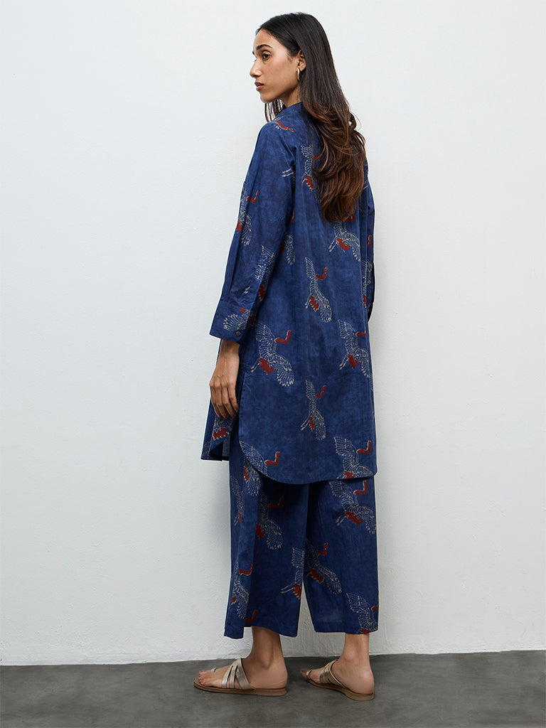 Utsa Indigo Bird Printed Cotton A-Line Kurta
