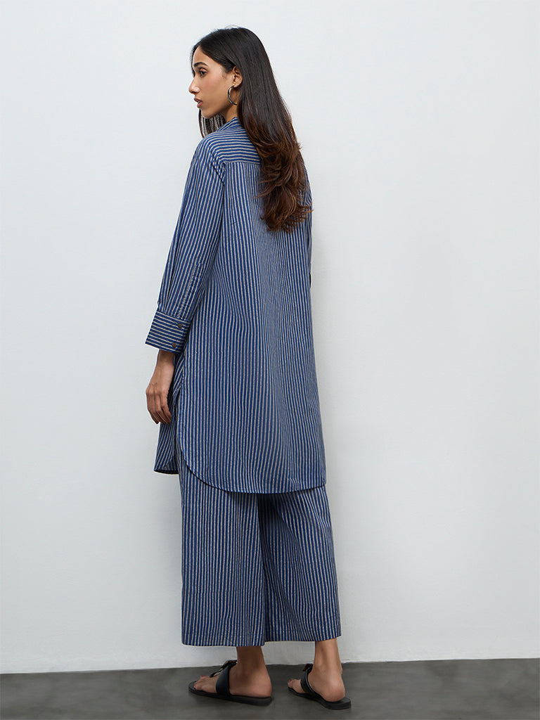 Utsa Indigo Striped Cotton A-Line Kurta