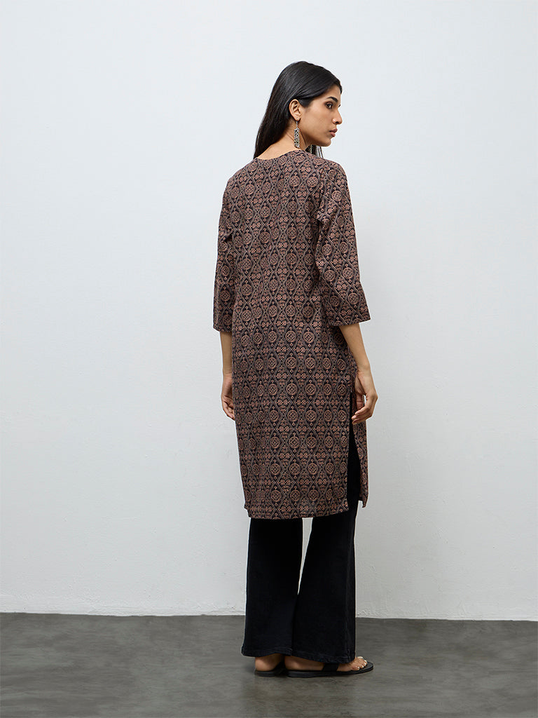 Utsa Brown Printed Cotton Straight Kurta