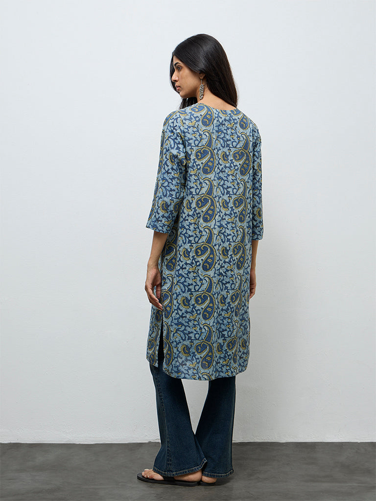 Utsa Indigo Paisley Printed Cotton Straight Kurta