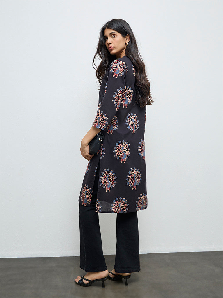 Utsa Black Peacock Design Straight Cotton Kurta