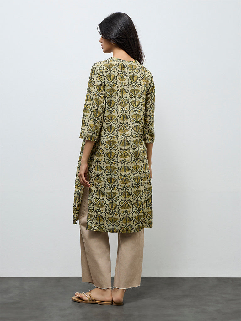 Utsa Green Floral Printed Cotton Straight Kurta