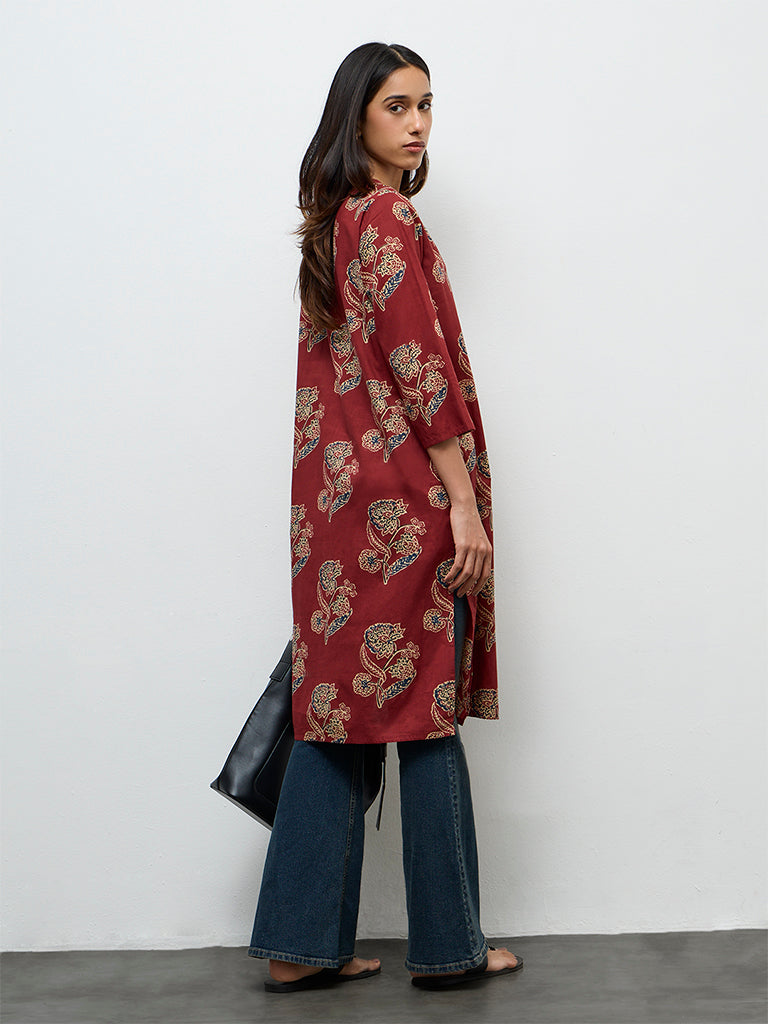 Utsa Maroon Butta Printed Cotton Straight Kurta