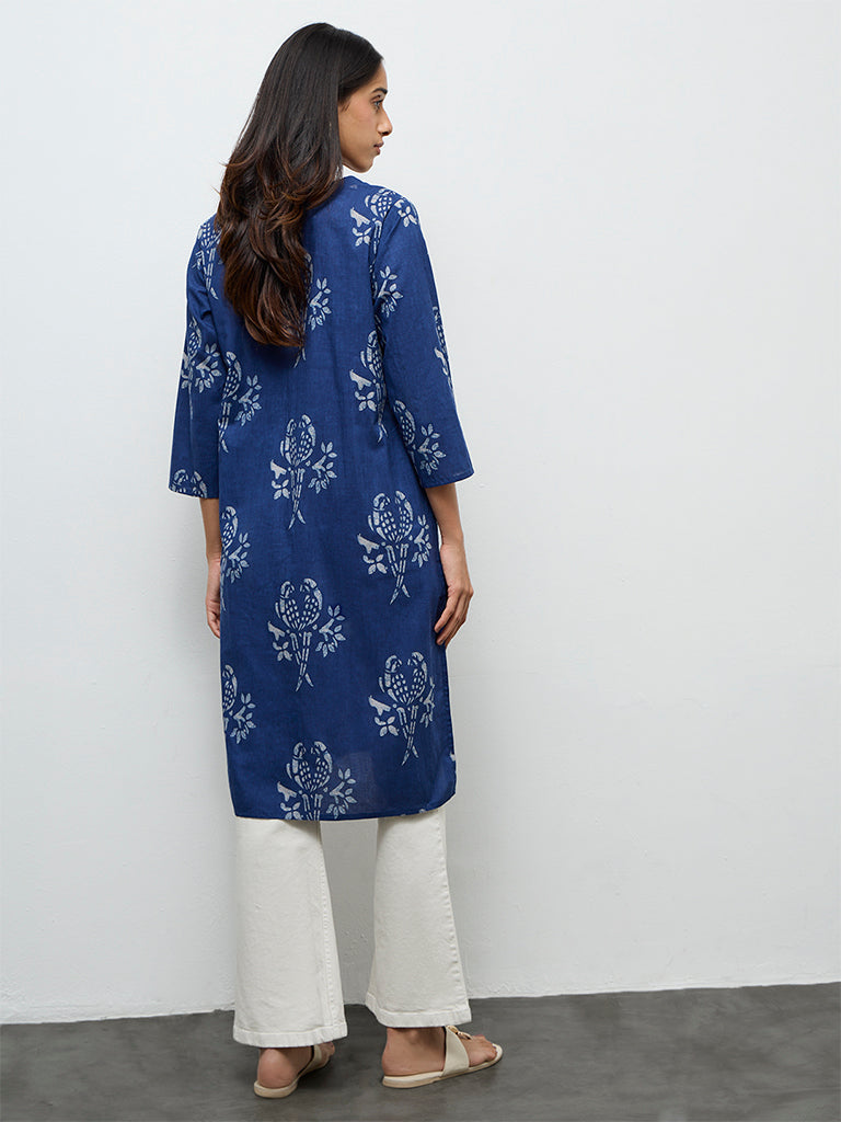 Utsa Indigo Bird Printed Cotton Straight Kurta