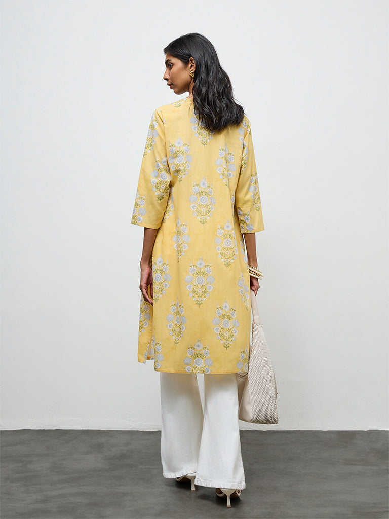 Utsa Yellow Floral Printed Straight Cotton Kurta