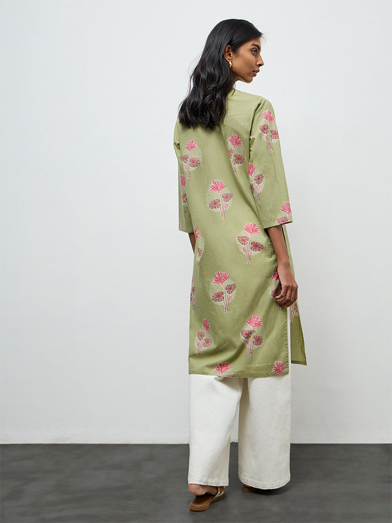 Utsa Dark Sage Floral Printed Straight Cotton Kurta
