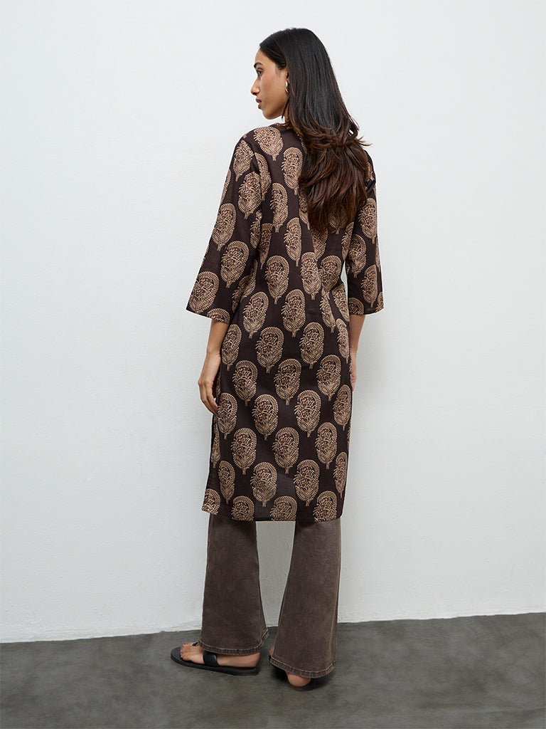 Utsa Dark Brown Paisley Printed Cotton Straight Kurta