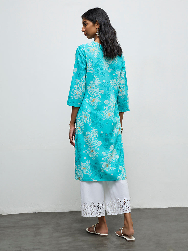 Utsa Aqua Floral Pattern Straight Cotton Kurta