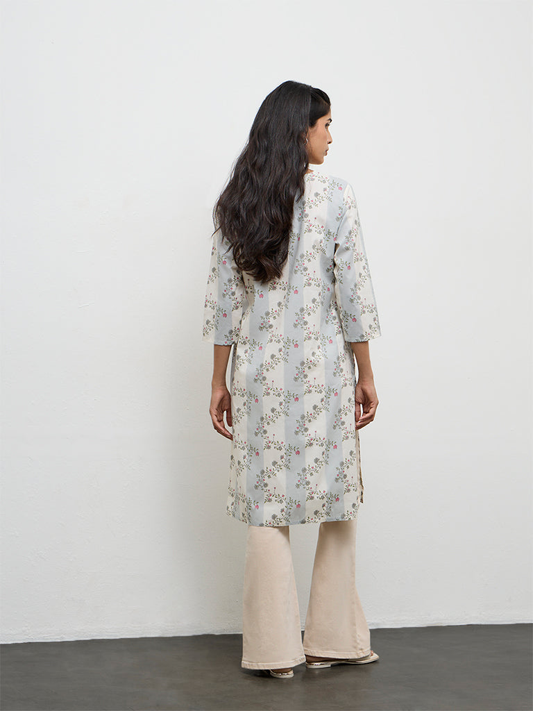 Utsa Grey Floral Printed Cotton Straight Kurta