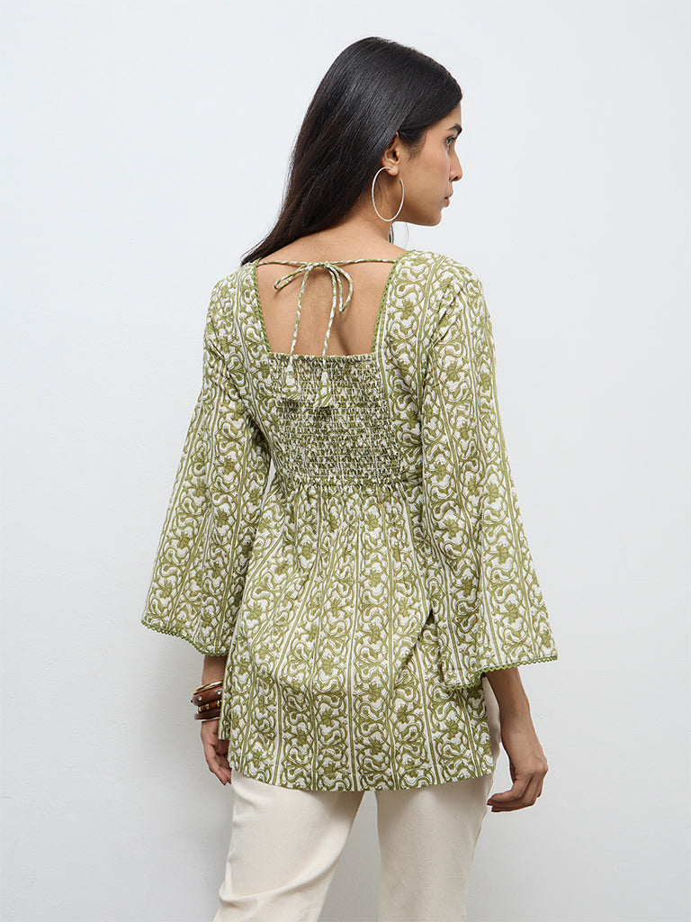 Utsa Green Floral Cotton A-Line Kurta