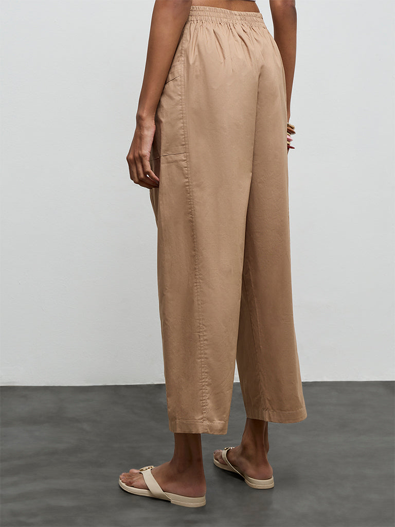 Utsa Beige Solid Cotton Pants